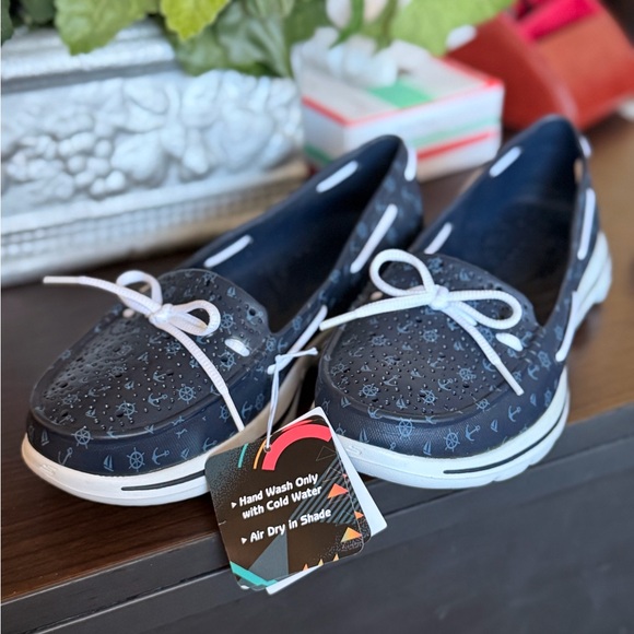 Skechers Shoes - Skechers Navy Floral-Print Slip-On Loafers with White Laces